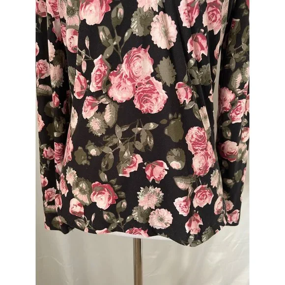 Hot Kiss Black Floral Print Long Sleeve Low V-Neck Strap Shirt - Picture 3 of 10